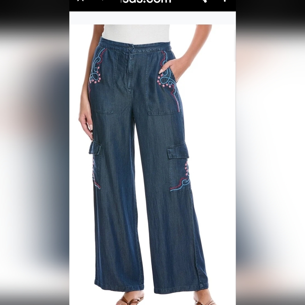 Johnny Was Workshop Navy Embroidered Wide Leg Pants Size L